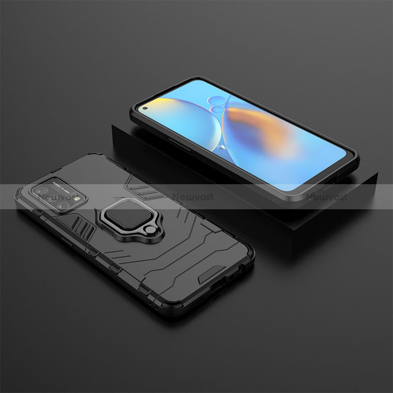 Silicone Matte Finish and Plastic Back Cover Case with Magnetic Finger Ring Stand S02 for Oppo F19s Black