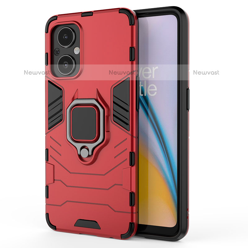 Silicone Matte Finish and Plastic Back Cover Case with Magnetic Finger Ring Stand S02 for Oppo F21 Pro 5G Red