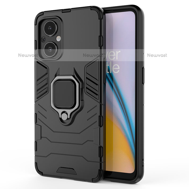 Silicone Matte Finish and Plastic Back Cover Case with Magnetic Finger Ring Stand S02 for Oppo F21s Pro 5G Black