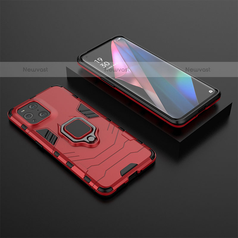 Silicone Matte Finish and Plastic Back Cover Case with Magnetic Finger Ring Stand S02 for Oppo Find X3 Pro 5G