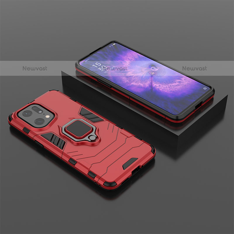 Silicone Matte Finish and Plastic Back Cover Case with Magnetic Finger Ring Stand S02 for Oppo Find X5 Pro 5G Red