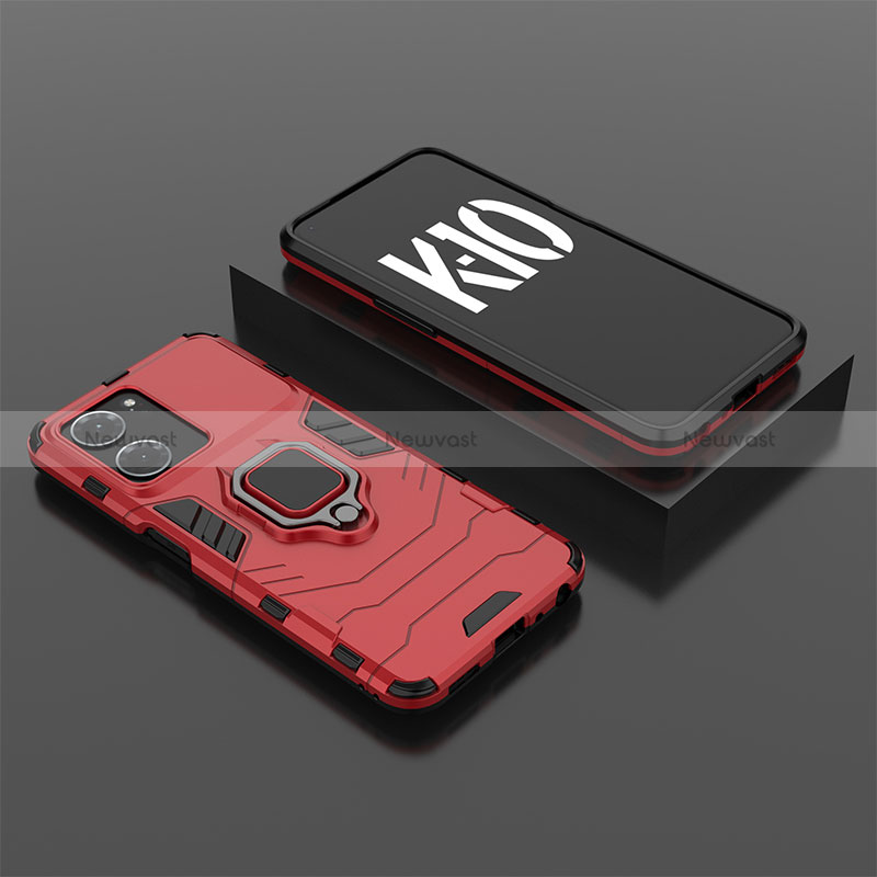 Silicone Matte Finish and Plastic Back Cover Case with Magnetic Finger Ring Stand S02 for Oppo K10 5G Red