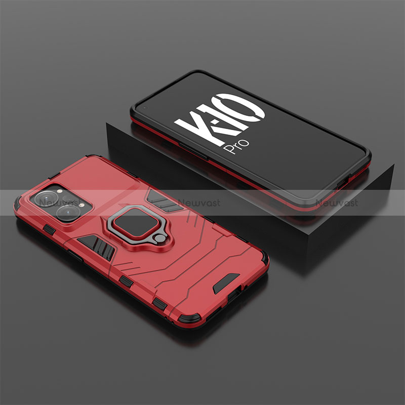 Silicone Matte Finish and Plastic Back Cover Case with Magnetic Finger Ring Stand S02 for Oppo K10 Pro 5G Red