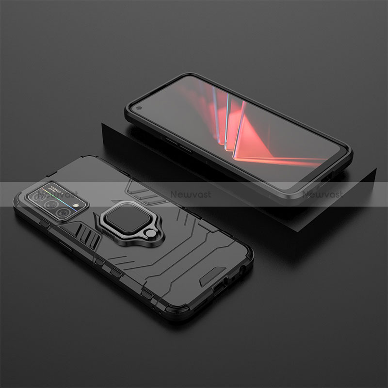 Silicone Matte Finish and Plastic Back Cover Case with Magnetic Finger Ring Stand S02 for Oppo K9 5G Black