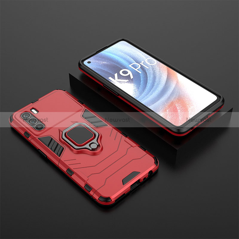 Silicone Matte Finish and Plastic Back Cover Case with Magnetic Finger Ring Stand S02 for Oppo K9 Pro 5G