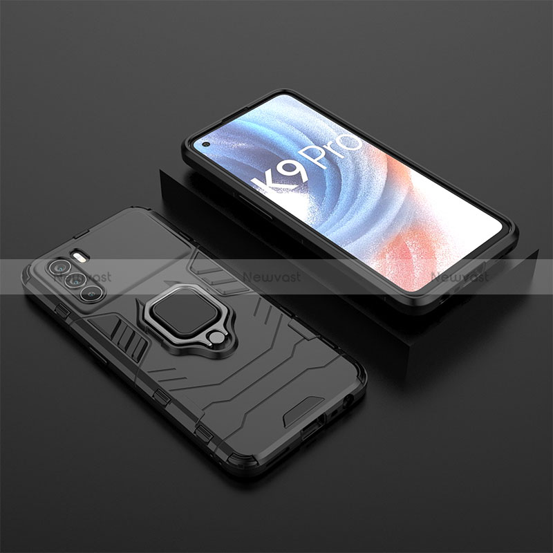 Silicone Matte Finish and Plastic Back Cover Case with Magnetic Finger Ring Stand S02 for Oppo K9 Pro 5G Black