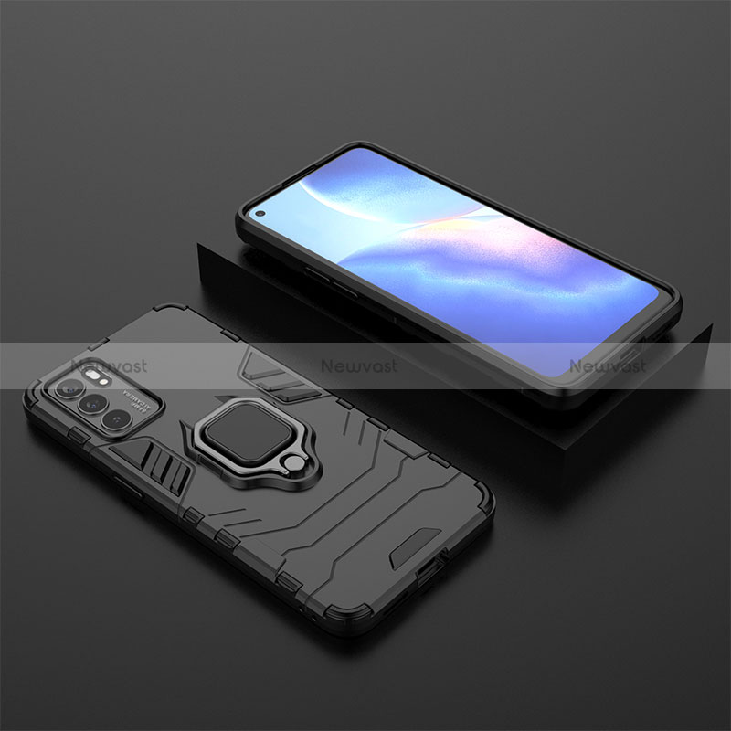 Silicone Matte Finish and Plastic Back Cover Case with Magnetic Finger Ring Stand S02 for Oppo Reno6 5G Black