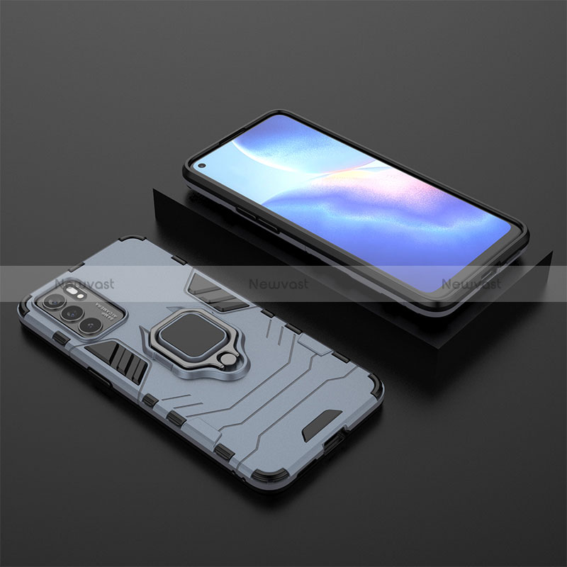 Silicone Matte Finish and Plastic Back Cover Case with Magnetic Finger Ring Stand S02 for Oppo Reno6 5G Blue