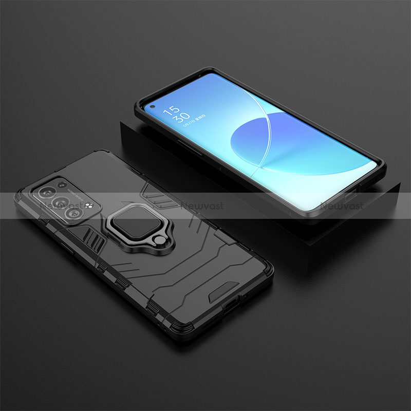 Silicone Matte Finish and Plastic Back Cover Case with Magnetic Finger Ring Stand S02 for Oppo Reno6 Pro 5G