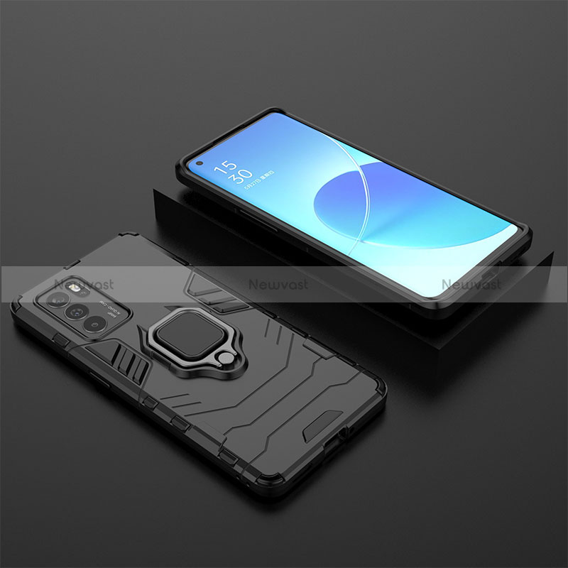 Silicone Matte Finish and Plastic Back Cover Case with Magnetic Finger Ring Stand S02 for Oppo Reno6 Pro 5G India Black