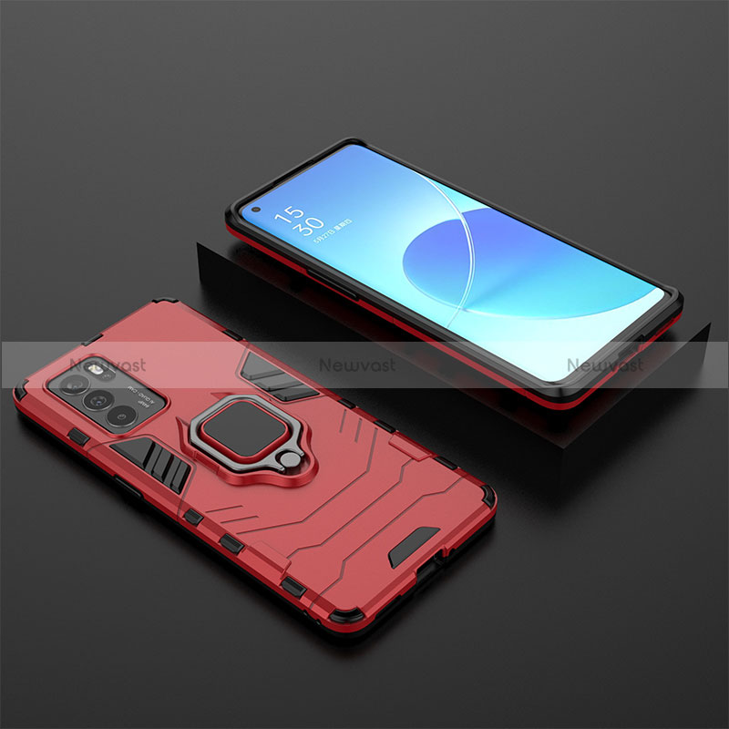 Silicone Matte Finish and Plastic Back Cover Case with Magnetic Finger Ring Stand S02 for Oppo Reno6 Pro 5G India Red