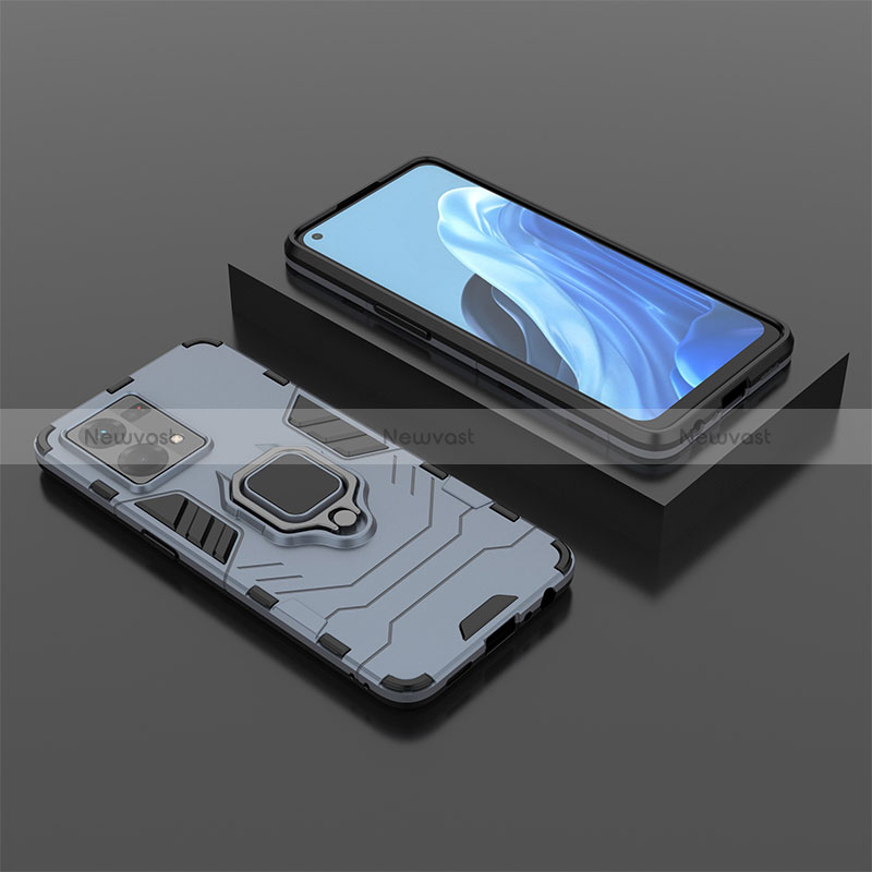 Silicone Matte Finish and Plastic Back Cover Case with Magnetic Finger Ring Stand S02 for Oppo Reno7 4G Blue