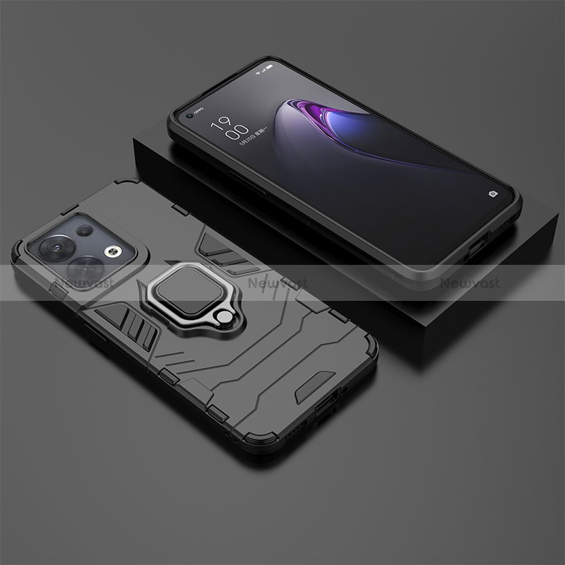 Silicone Matte Finish and Plastic Back Cover Case with Magnetic Finger Ring Stand S02 for Oppo Reno8 5G