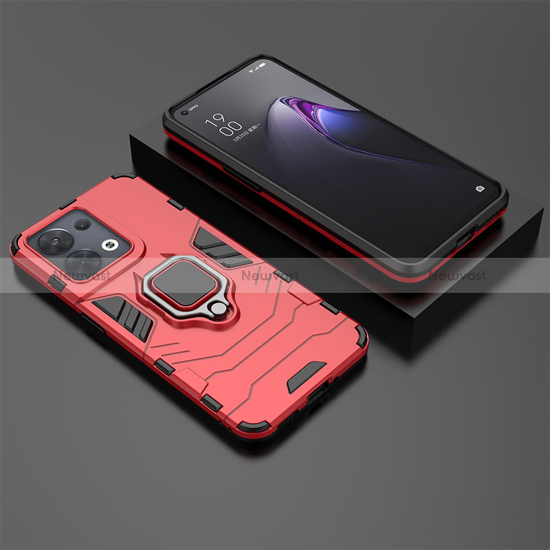 Silicone Matte Finish and Plastic Back Cover Case with Magnetic Finger Ring Stand S02 for Oppo Reno8 5G Red