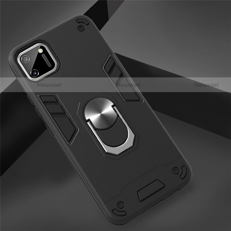 Silicone Matte Finish and Plastic Back Cover Case with Magnetic Finger Ring Stand S02 for Realme C11 Black