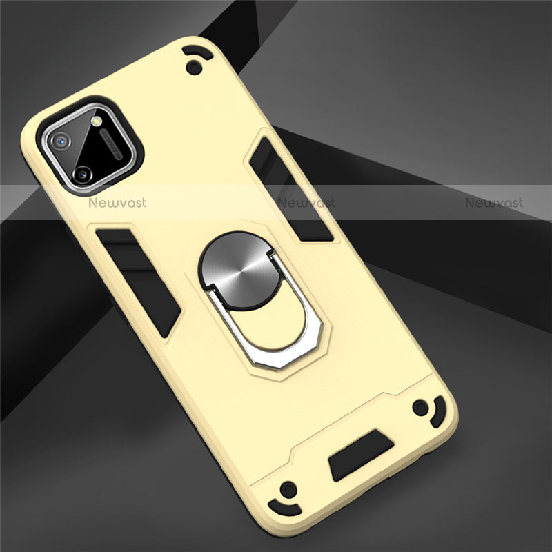 Silicone Matte Finish and Plastic Back Cover Case with Magnetic Finger Ring Stand S02 for Realme C11 Gold