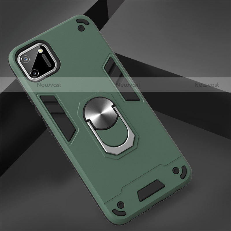 Silicone Matte Finish and Plastic Back Cover Case with Magnetic Finger Ring Stand S02 for Realme C11 Midnight Green