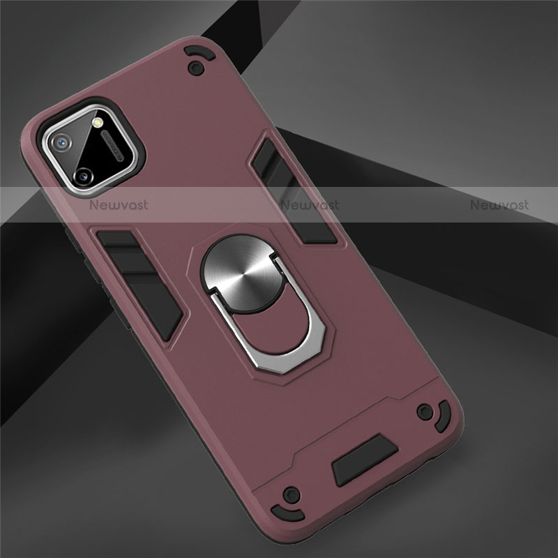 Silicone Matte Finish and Plastic Back Cover Case with Magnetic Finger Ring Stand S02 for Realme C11 Red Wine