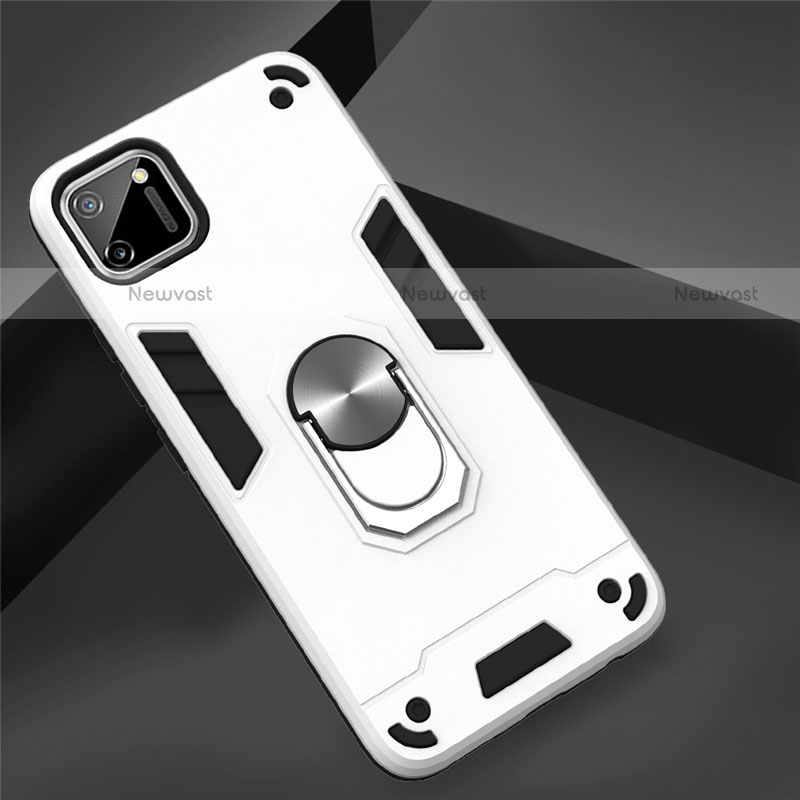 Silicone Matte Finish and Plastic Back Cover Case with Magnetic Finger Ring Stand S02 for Realme C11 Silver