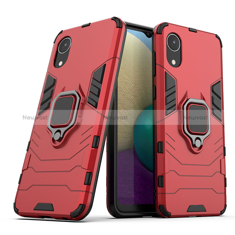 Silicone Matte Finish and Plastic Back Cover Case with Magnetic Finger Ring Stand S02 for Samsung Galaxy A03 Core Red