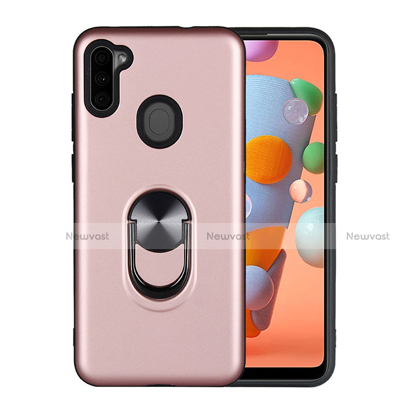 Silicone Matte Finish and Plastic Back Cover Case with Magnetic Finger Ring Stand S02 for Samsung Galaxy A11