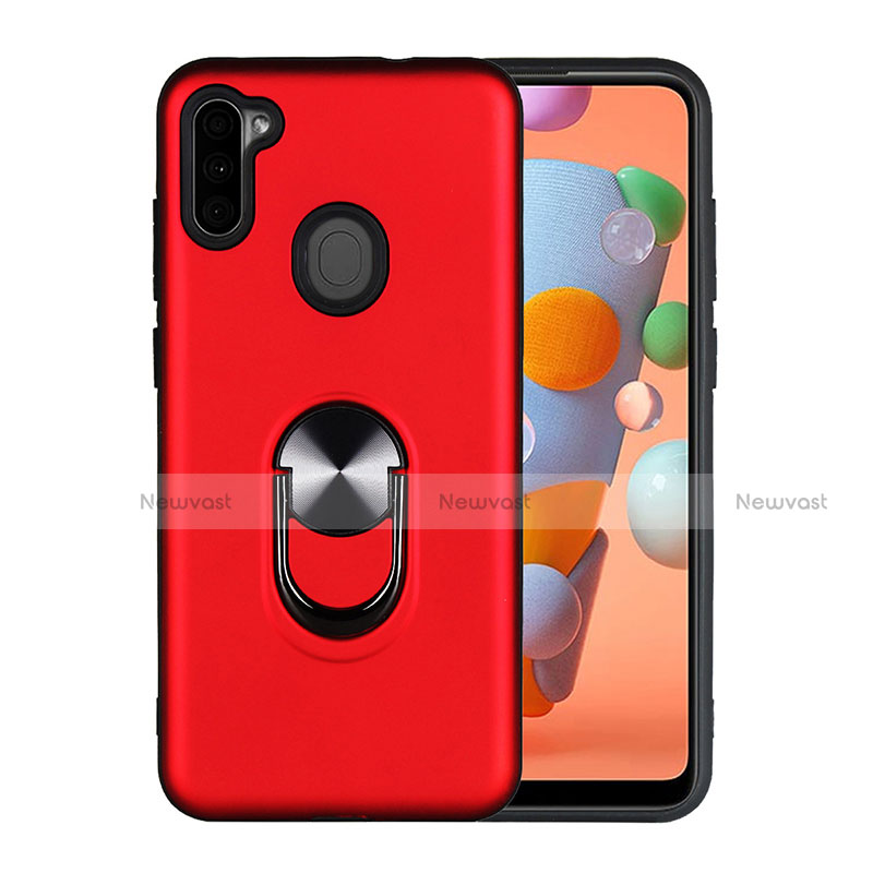 Silicone Matte Finish and Plastic Back Cover Case with Magnetic Finger Ring Stand S02 for Samsung Galaxy A11 Red