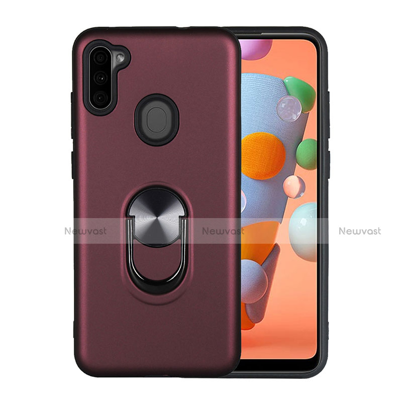 Silicone Matte Finish and Plastic Back Cover Case with Magnetic Finger Ring Stand S02 for Samsung Galaxy A11 Red Wine