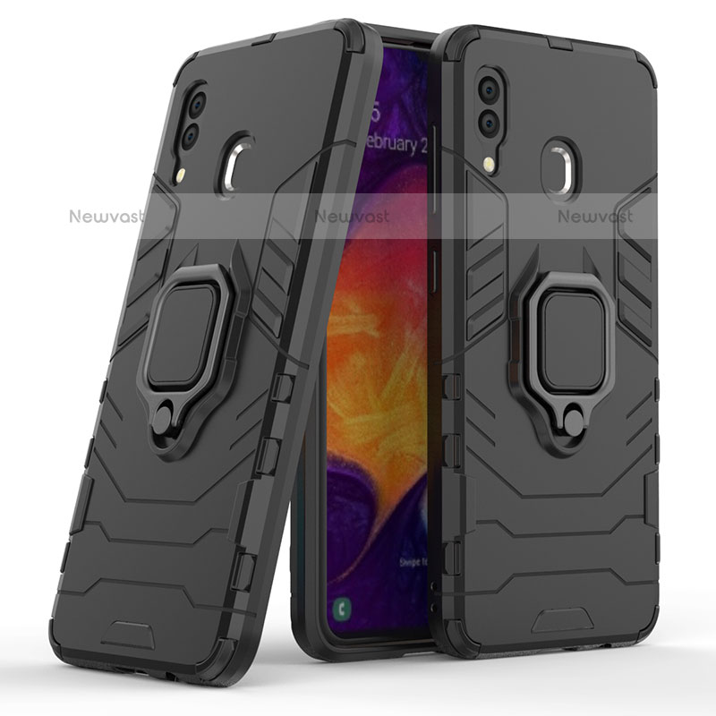 Silicone Matte Finish and Plastic Back Cover Case with Magnetic Finger Ring Stand S02 for Samsung Galaxy A20 Black