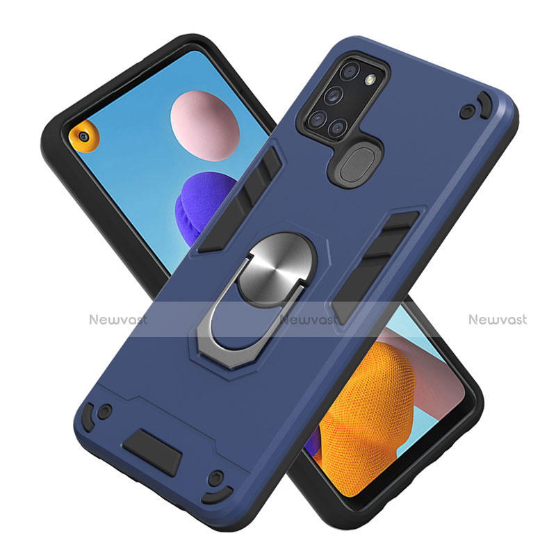Silicone Matte Finish and Plastic Back Cover Case with Magnetic Finger Ring Stand S02 for Samsung Galaxy A21s