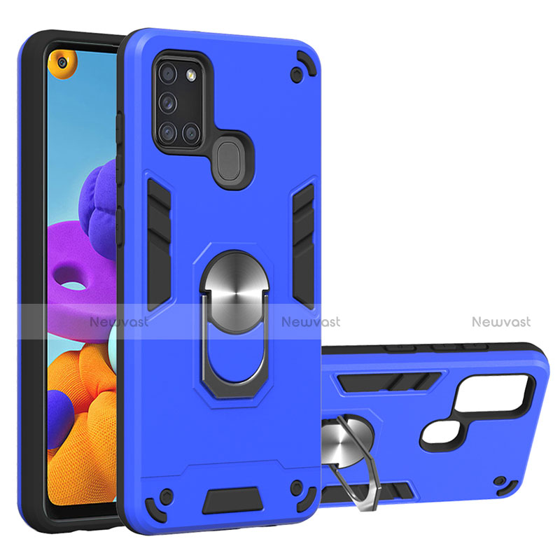 Silicone Matte Finish and Plastic Back Cover Case with Magnetic Finger Ring Stand S02 for Samsung Galaxy A21s