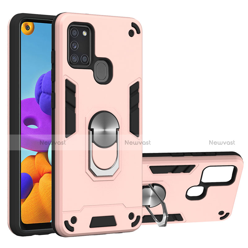 Silicone Matte Finish and Plastic Back Cover Case with Magnetic Finger Ring Stand S02 for Samsung Galaxy A21s