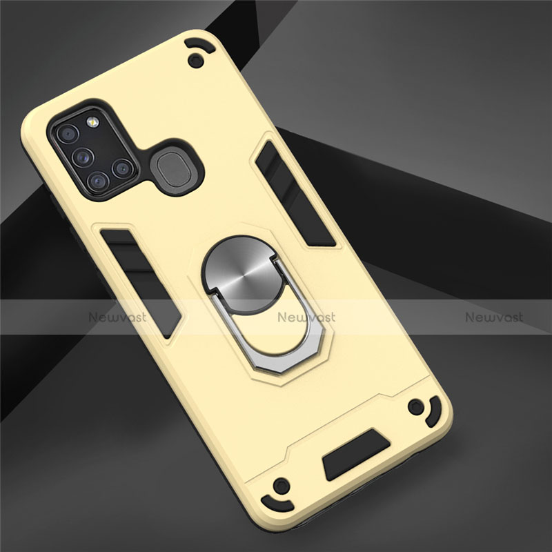 Silicone Matte Finish and Plastic Back Cover Case with Magnetic Finger Ring Stand S02 for Samsung Galaxy A21s Gold