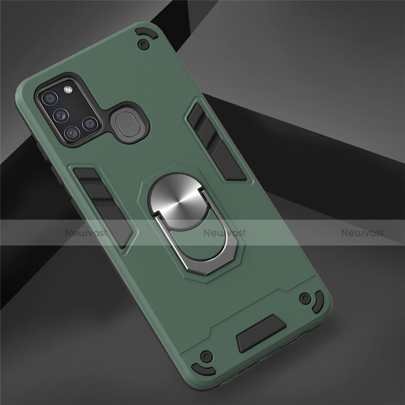 Silicone Matte Finish and Plastic Back Cover Case with Magnetic Finger Ring Stand S02 for Samsung Galaxy A21s Green