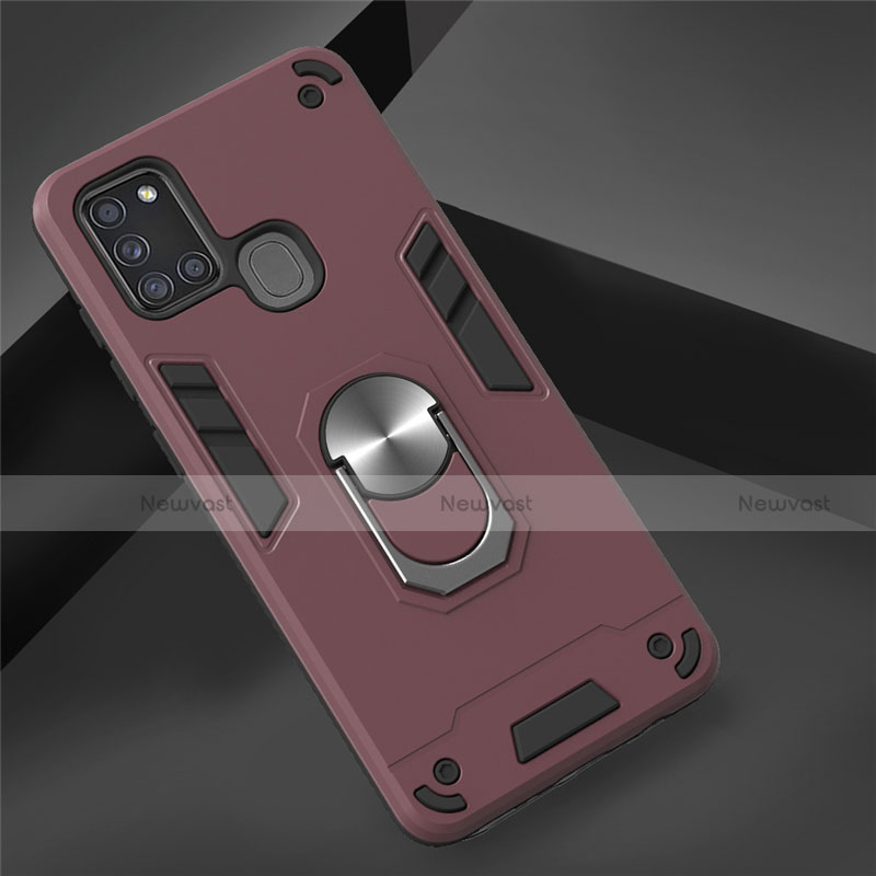 Silicone Matte Finish and Plastic Back Cover Case with Magnetic Finger Ring Stand S02 for Samsung Galaxy A21s Red Wine