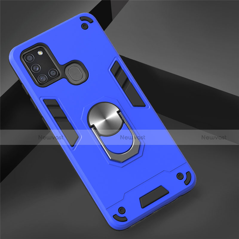 Silicone Matte Finish and Plastic Back Cover Case with Magnetic Finger Ring Stand S02 for Samsung Galaxy A21s Sky Blue