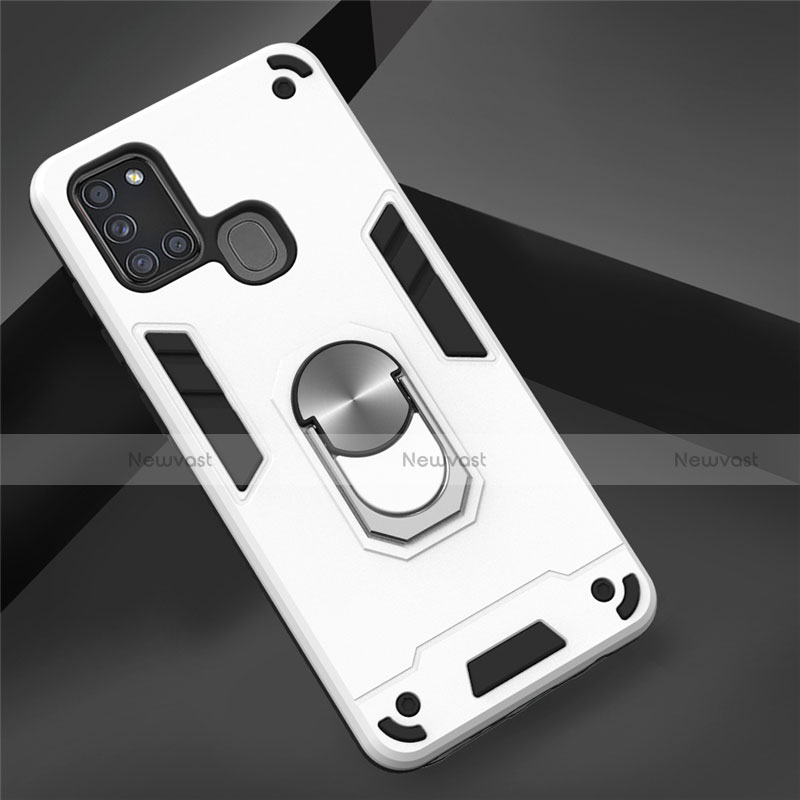 Silicone Matte Finish and Plastic Back Cover Case with Magnetic Finger Ring Stand S02 for Samsung Galaxy A21s White