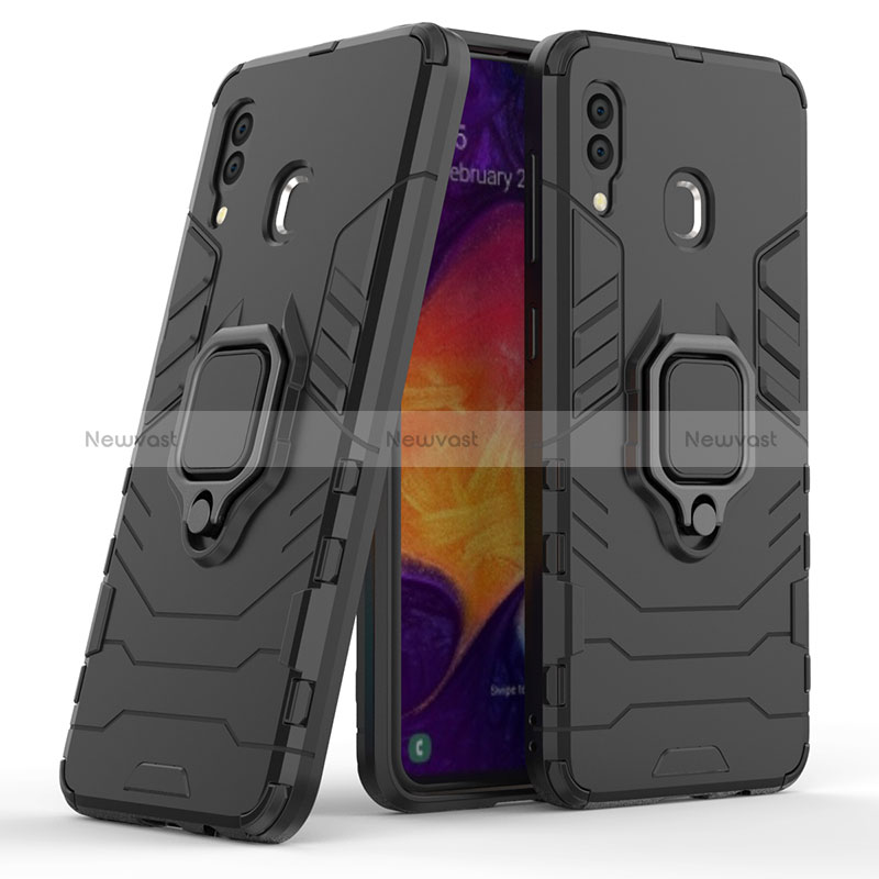 Silicone Matte Finish and Plastic Back Cover Case with Magnetic Finger Ring Stand S02 for Samsung Galaxy A30 Black