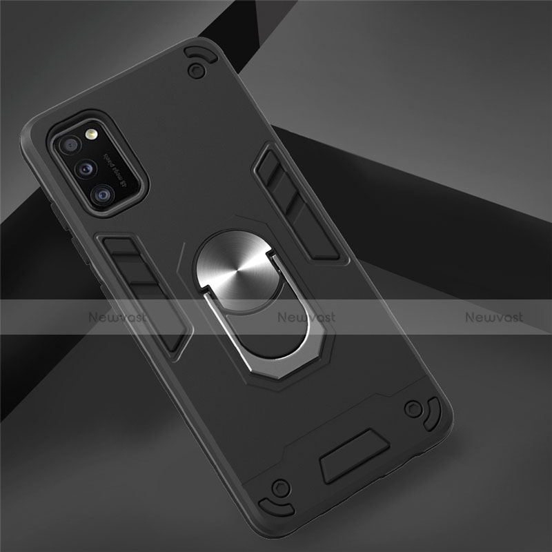 Silicone Matte Finish and Plastic Back Cover Case with Magnetic Finger Ring Stand S02 for Samsung Galaxy A41 Black