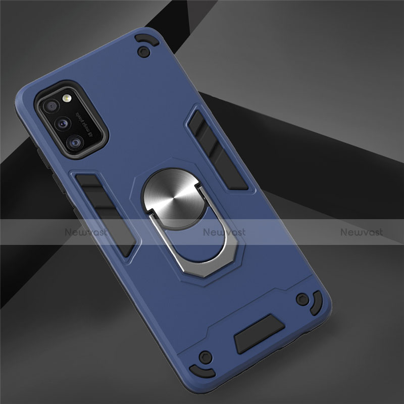 Silicone Matte Finish and Plastic Back Cover Case with Magnetic Finger Ring Stand S02 for Samsung Galaxy A41 Blue