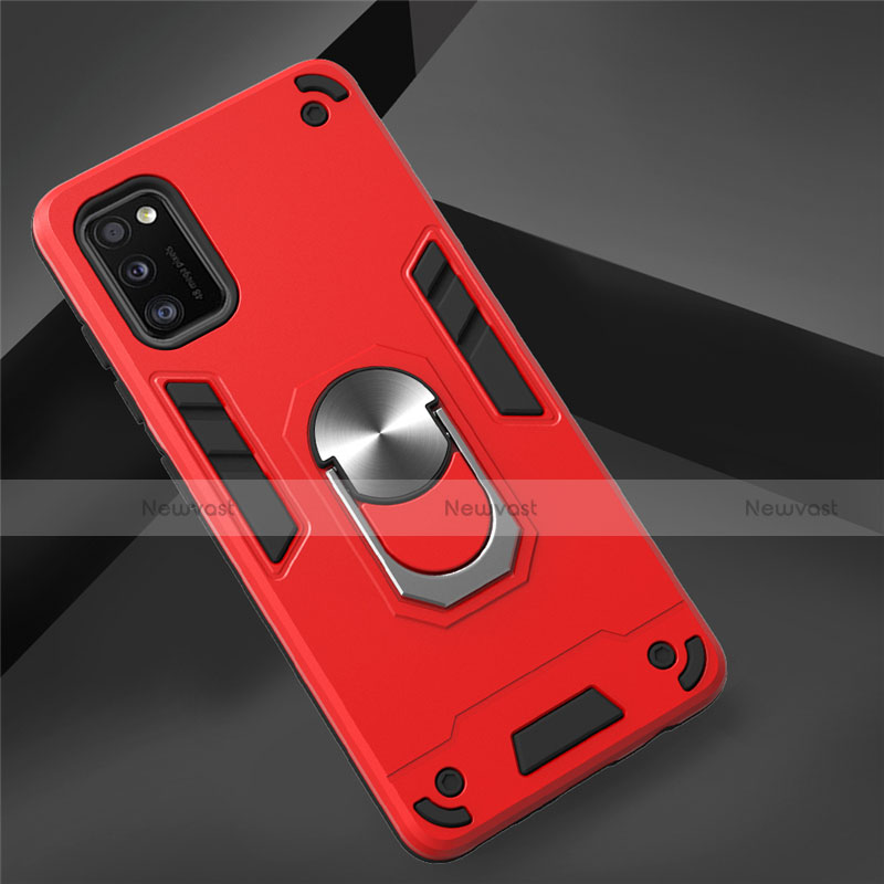 Silicone Matte Finish and Plastic Back Cover Case with Magnetic Finger Ring Stand S02 for Samsung Galaxy A41 Red