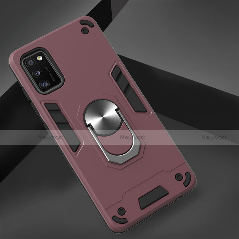 Silicone Matte Finish and Plastic Back Cover Case with Magnetic Finger Ring Stand S02 for Samsung Galaxy A41 Red Wine