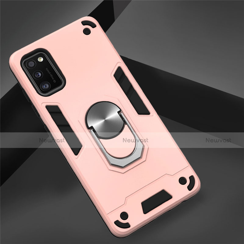 Silicone Matte Finish and Plastic Back Cover Case with Magnetic Finger Ring Stand S02 for Samsung Galaxy A41 Rose Gold