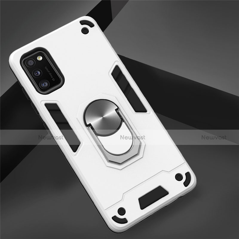 Silicone Matte Finish and Plastic Back Cover Case with Magnetic Finger Ring Stand S02 for Samsung Galaxy A41 White