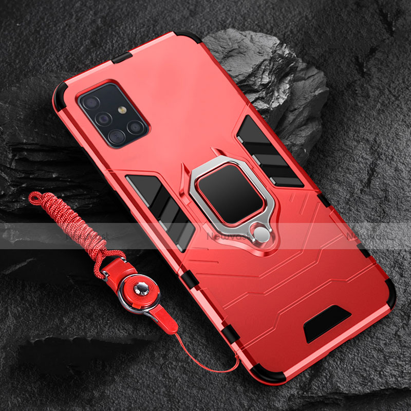 Silicone Matte Finish and Plastic Back Cover Case with Magnetic Finger Ring Stand S02 for Samsung Galaxy A51 5G Red