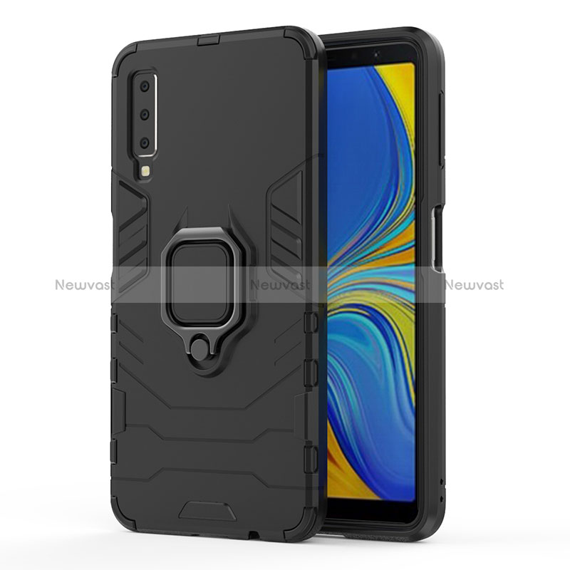 Silicone Matte Finish and Plastic Back Cover Case with Magnetic Finger Ring Stand S02 for Samsung Galaxy A7 (2018) A750