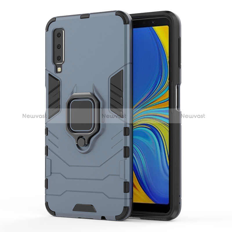 Silicone Matte Finish and Plastic Back Cover Case with Magnetic Finger Ring Stand S02 for Samsung Galaxy A7 (2018) A750 Blue