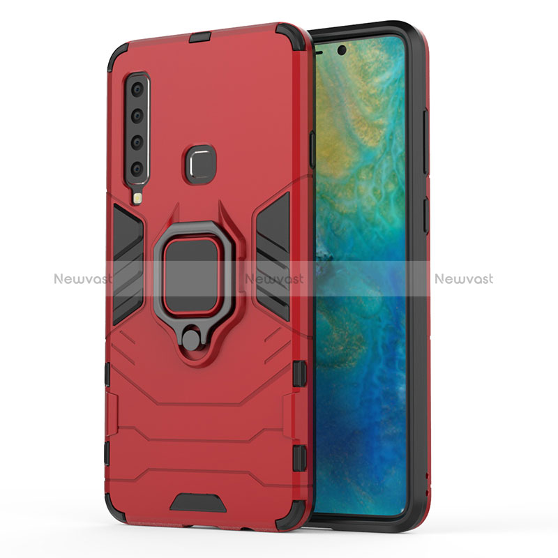 Silicone Matte Finish and Plastic Back Cover Case with Magnetic Finger Ring Stand S02 for Samsung Galaxy A9 Star Pro Red