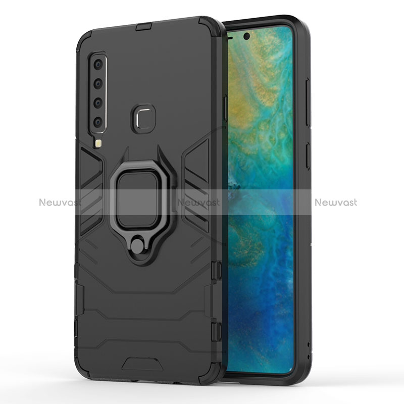 Silicone Matte Finish and Plastic Back Cover Case with Magnetic Finger Ring Stand S02 for Samsung Galaxy A9s Black