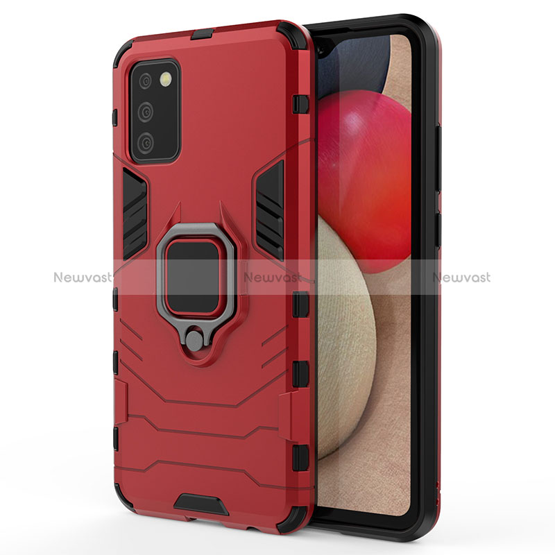 Silicone Matte Finish and Plastic Back Cover Case with Magnetic Finger Ring Stand S02 for Samsung Galaxy F02S SM-E025F Red