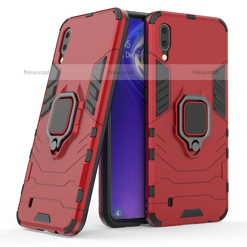 Silicone Matte Finish and Plastic Back Cover Case with Magnetic Finger Ring Stand S02 for Samsung Galaxy M10 Red